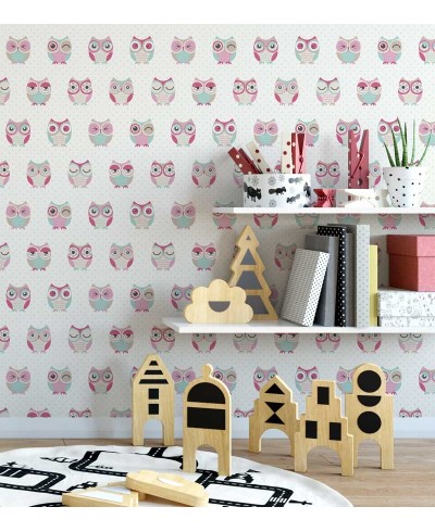 Papel de Parede com fundo na cor branca, com corujinhas em rosa, verde e branco - Kids 03