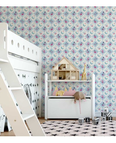 Papel de Parede com fundo na cor branca, e azul com passarinhos em azul e rosa - Kids 06