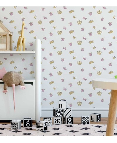 Papel de Parede Infantil coroas em fundo branco com coroas em amarelo e rosa - Kids 16