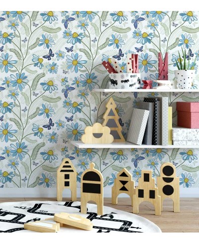 Papel de parede com fundo branco e detalhes em azul marinho, amarelo, cinza, verde e azul claro - Teen16