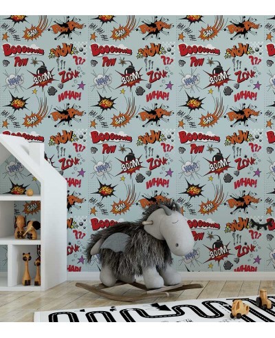 Papel de parede com fundo azul claro e detalhes em vermelho, branco, cinza, preto - Teen 35