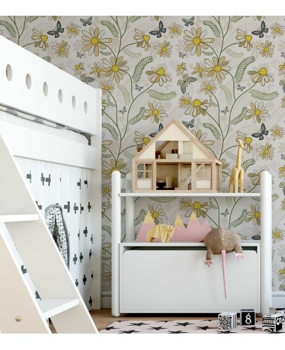 Papel de parede com fundo em bege e detalhes em verde, cinza e tons de amarelo - Teen 17