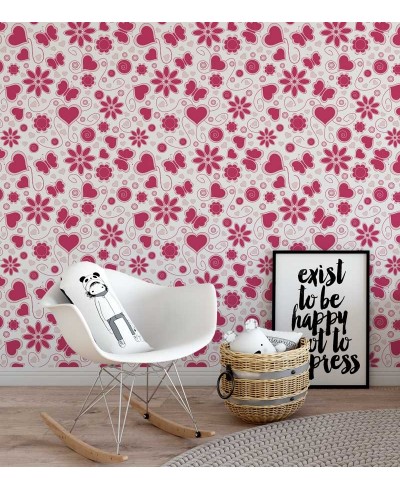 Papel de parede com fundo branco e detalhes em vermelho e rosa claro - Teen 20