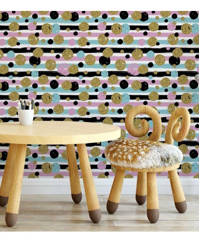 Papel de parede com azul, branco preto e rosa com detalhes imitando glittler - Teen 40