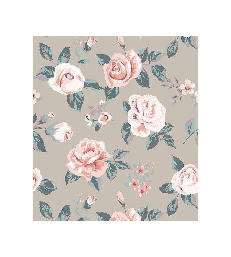 Papel de parede floral romântico rosa e azul fundo em tons cinza chumbo