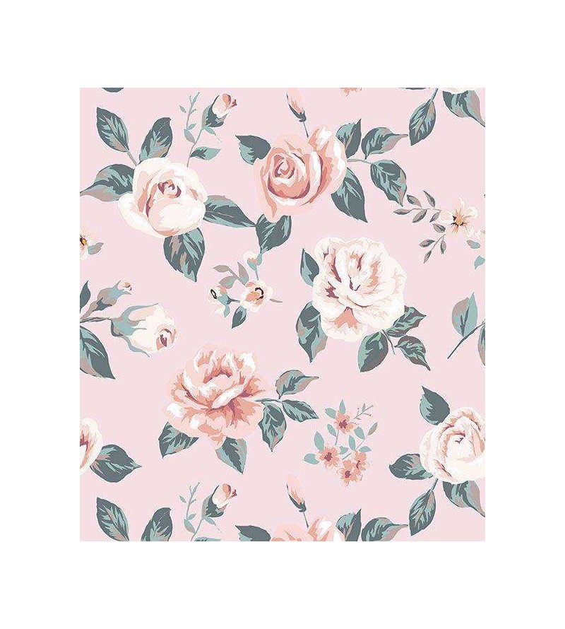 Papel de parede vintage rose floral rosa e azul com fundo rosa claro