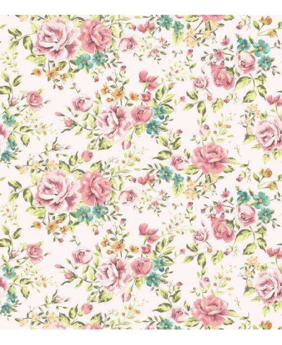 Papel de parede romântico flores na cor laranja, rosa e folhas verdes com fundo branco