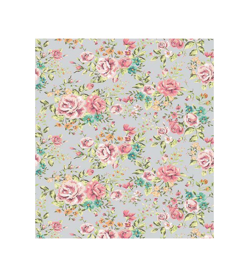 Papel de parede floral romântico com flores rosas e folhagem verde musgo fundo cinza