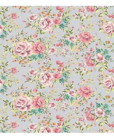 Papel de parede floral romântico com flores rosas e folhagem verde musgo fundo cinza