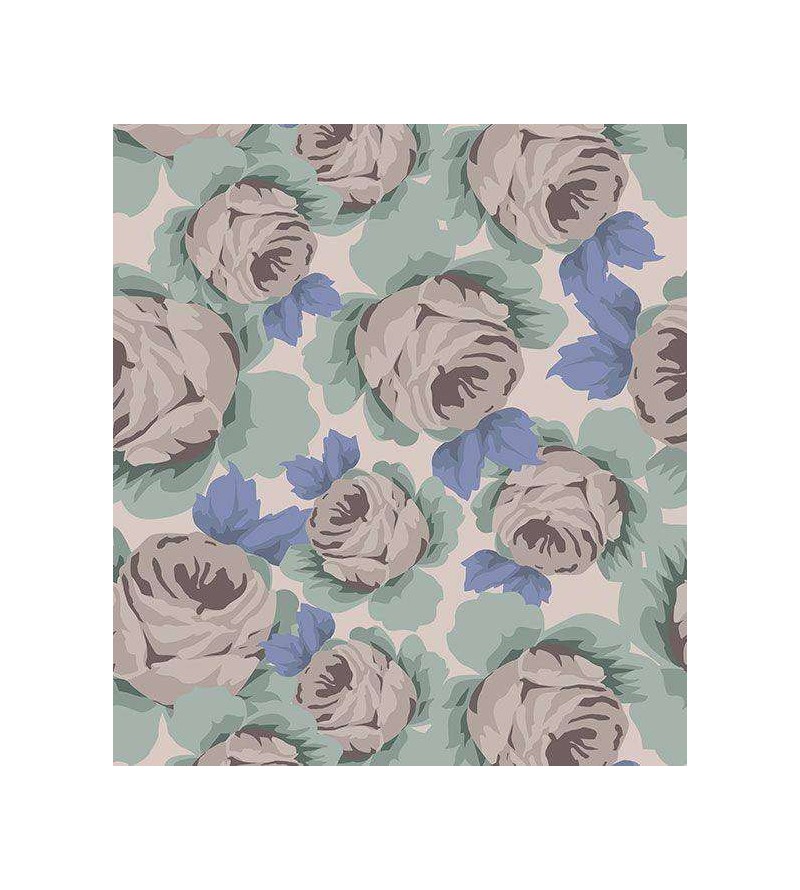 Papel de parede floral azul e verde musgo com fundo cinza