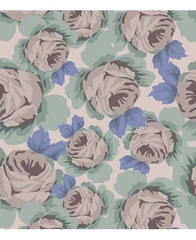 Papel de parede floral azul e verde musgo com fundo cinza