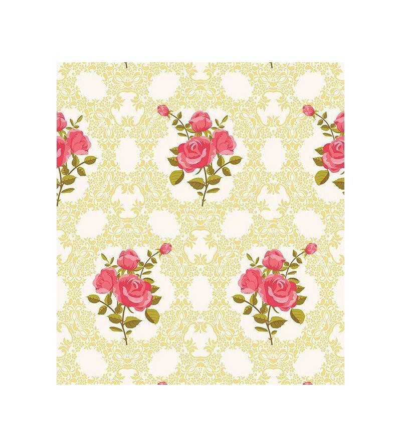 Papel de parede floral romance em rosa com fundo branco e bege