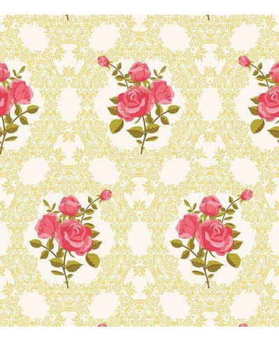 Papel de parede floral romance em rosa com fundo branco e bege