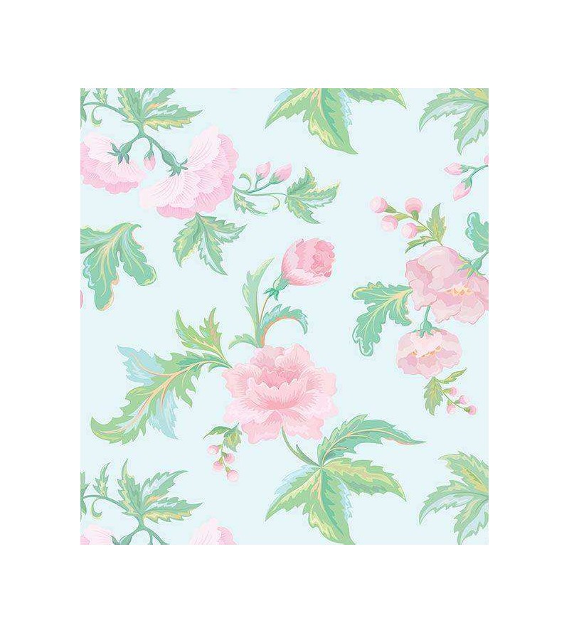 Papel de parede floral vintage verde e rosa com fundo azul
