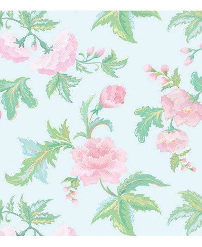 Papel de parede floral vintage verde e rosa com fundo azul