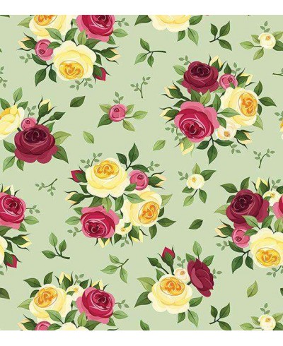 Papel de parede floral vintage fundo verde claro e detalhes em amarelo, vinho e rosa