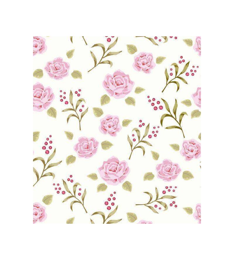 Papel de parede floral vintage com fundo bege claro e desenhos em verde e rosa