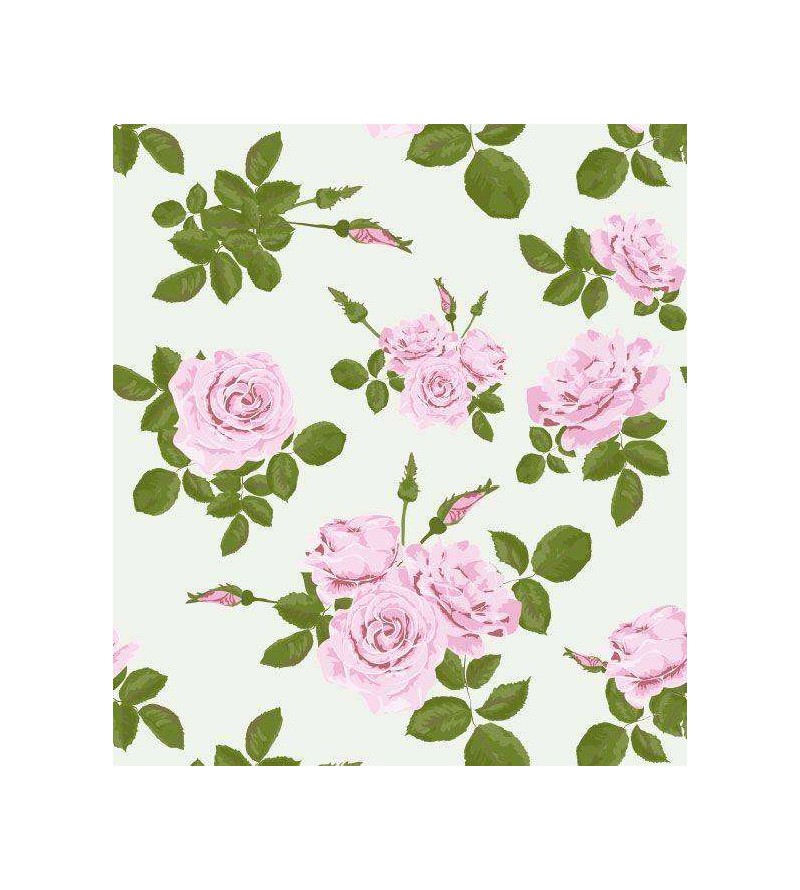 Papel de parede floral romântico fundo branco gelo, com detalhes em verde e rosa