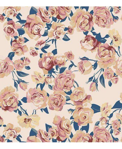 Papel de parede romântico em fundo rosa e flores em tons rosa, azul, cinza e amarelo