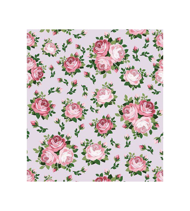 Papel de parede rama de flores na cores rosa e verde com fundo cinza