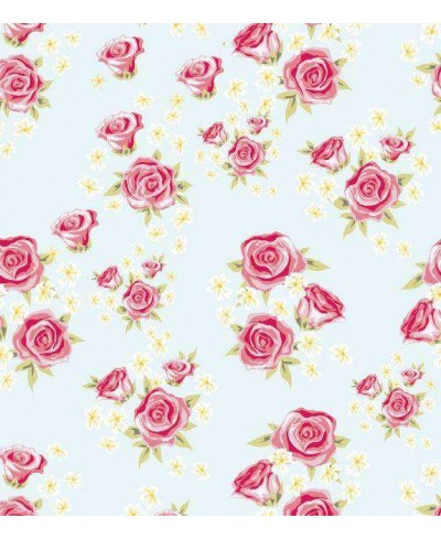 Papel de parede floral romântico vintage com desenhos nas cores verde e rosa com detalhes amarelos e fundo azul acinzentado