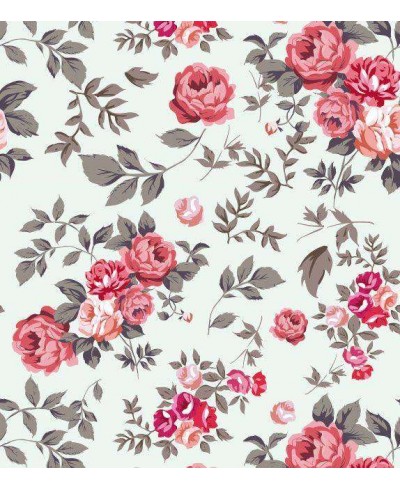 Papel de parede floral romance vermelho, rosa e cinza com fundo azul acinzentado