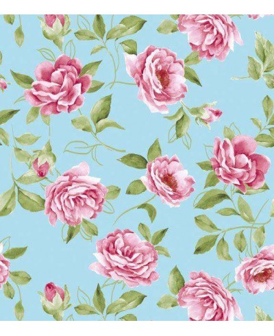Papel de parede arranjo floral rosa com folhas verdes e fundo azul
