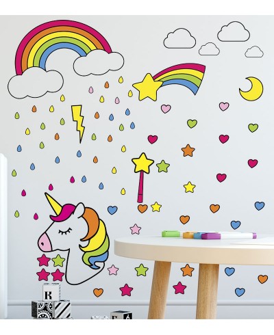 Sticker tema unicórnio, estrelas, corações, arco-íris e chuva colorida