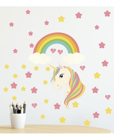 Sticker Unicórnio com Estrelas e Corações Coloridos e Arco-íris