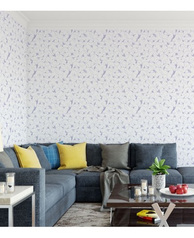 Papel de parede com fundo branco e detalhes em tons lilás - Dream 67