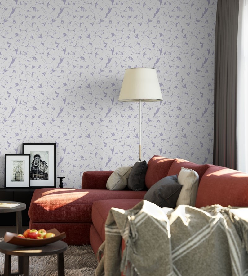 Papel de parede com fundo branco e detalhes em tons lilás - Dream 67