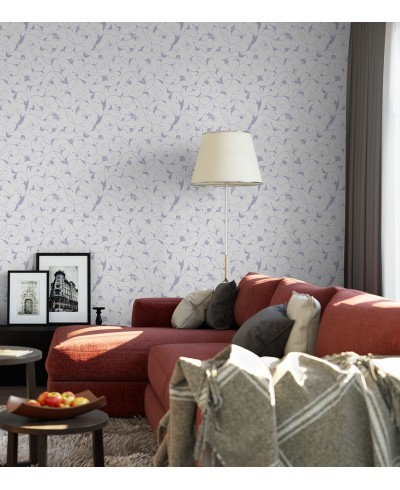 Papel de parede com fundo branco e detalhes em tons lilás - Dream 67