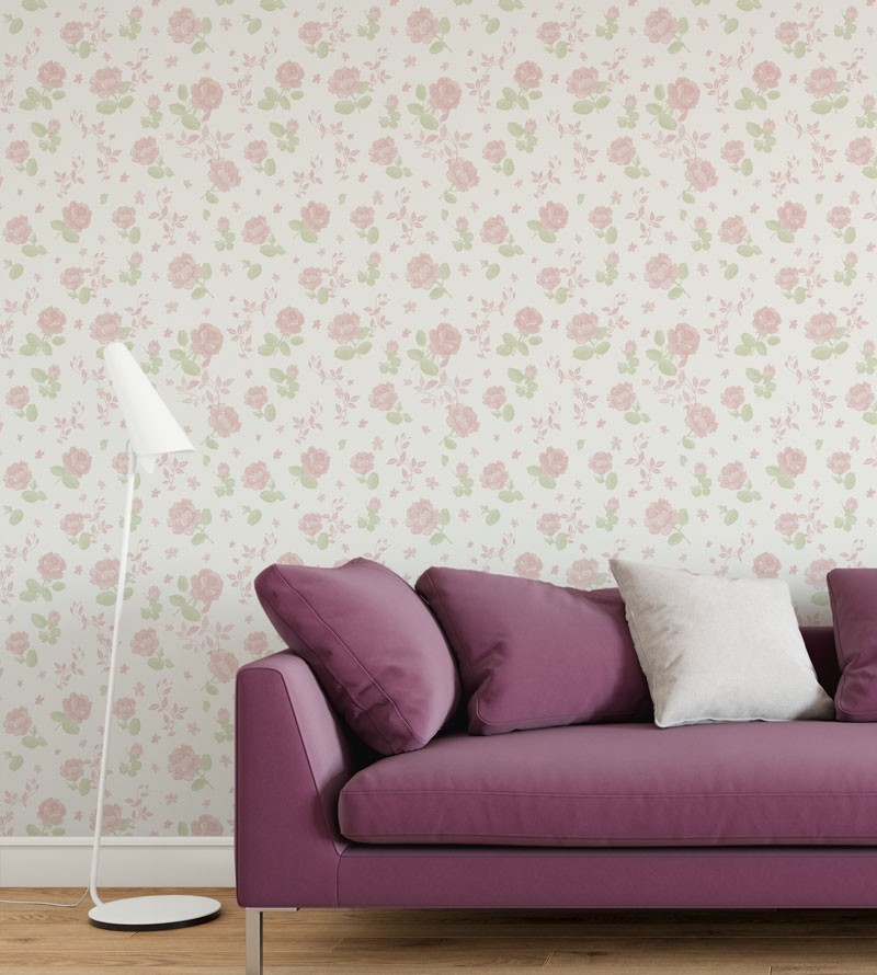Papel de parede floral romance com fundo branco e flores rosa