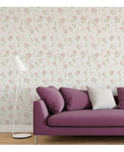 Papel de parede floral romance com fundo branco e flores rosa