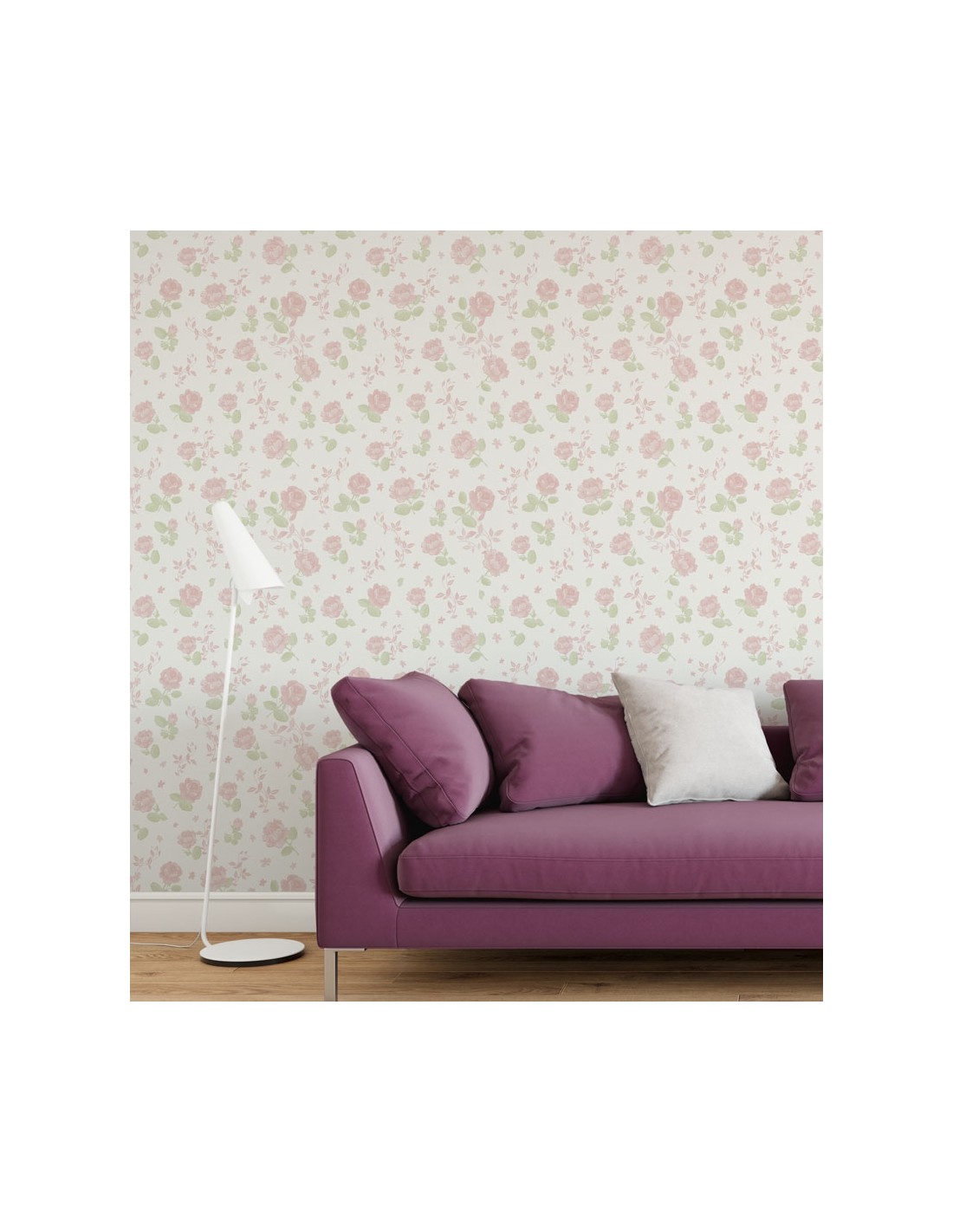 Papel de parede floral com fundo branco e flores em tons de rosa