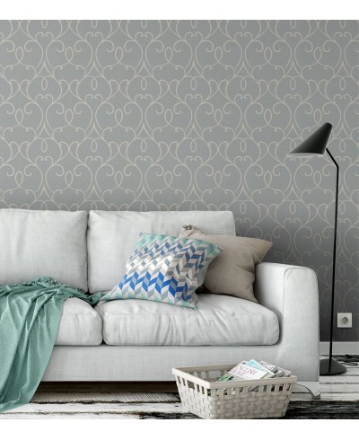 Papel de parede com fundo simulando jeans com detalhes arabescos na cor nude