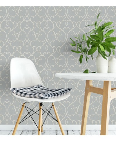 Papel de parede com fundo simulando jeans com detalhes arabescos na cor nude