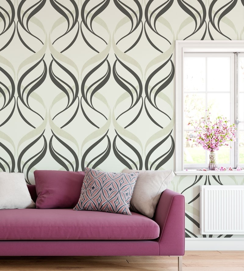 Papel de parede com fundo cinza e detalhes em arabescos nude