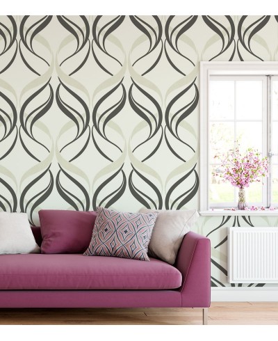 Papel de parede com fundo cinza e detalhes em arabescos nude