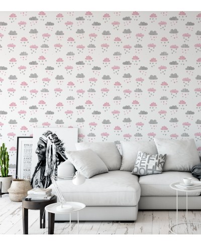 Papel de Parede Infantil em fundo branco gotas cinza e rosa - Kids 238