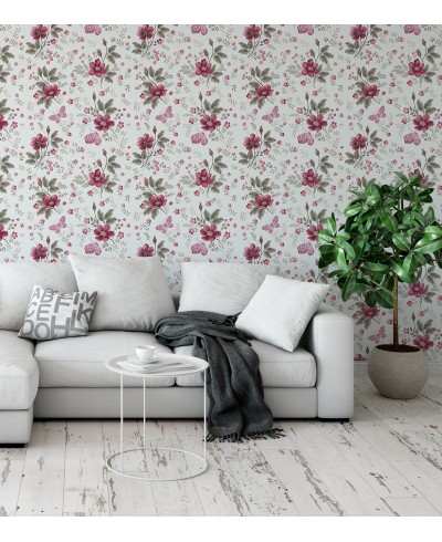Papel de parede Floral Rosa e Verde com fundo branco