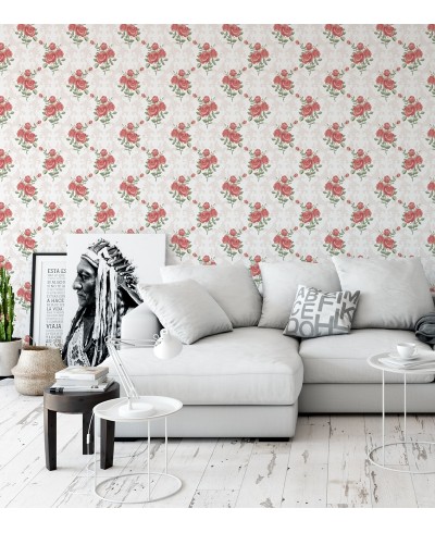 Papel de parede arranjo floral rosa e lilás com fundo branco