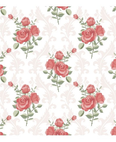 Papel de parede arranjo floral rosa e lilás com fundo branco