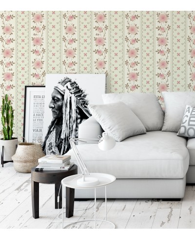 Papel de parede com Lindas flores e Listras Cinzas Claras - Rose 427