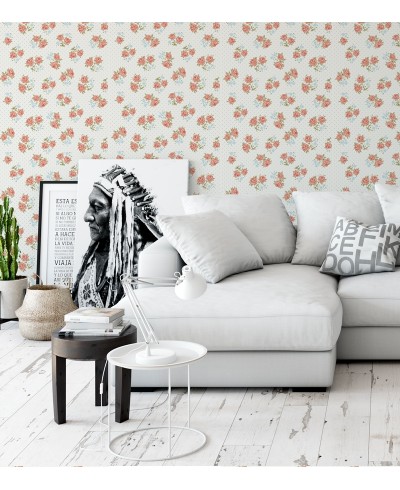 Papel de parede vintage floral vermelho e azul com fundo branco