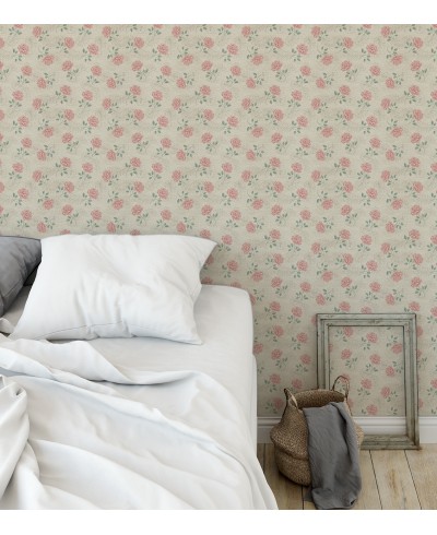 Papel de parede envelhecido rosa e verde com fundo marrom