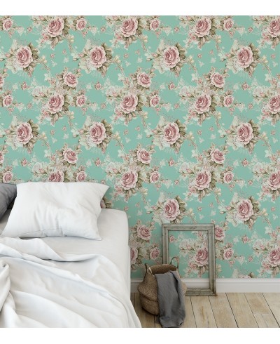 Papel de parede romântico arranjo floral rosa e verde com fundo azul turquesa