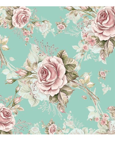 Papel de parede romântico arranjo floral rosa e verde com fundo azul turquesa