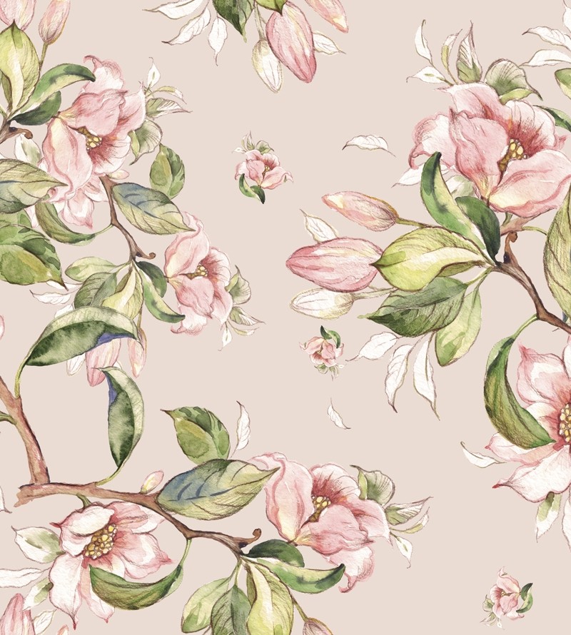 Papel de parede Ramos Florais Rosa e Verde com fundo rosa acinzentado