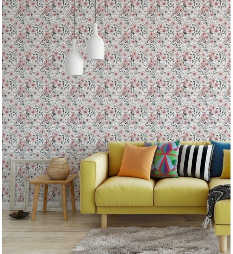 Papel de parede Floral vermelho e verde com fundo branco